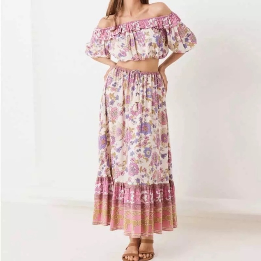 SOLD OUT Waverly Floral Gypsy Bohemian Off Shoulder Blouse & Maxi Ruffle Skirt - Picture 7 of 13